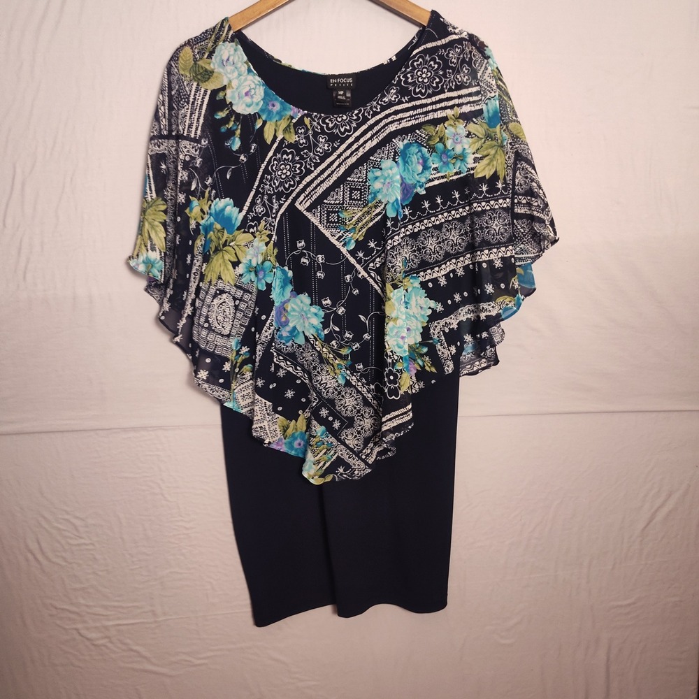En Focus Petite Navy Blue Floral Paisley Popover Capelet Sheath Dress 14P